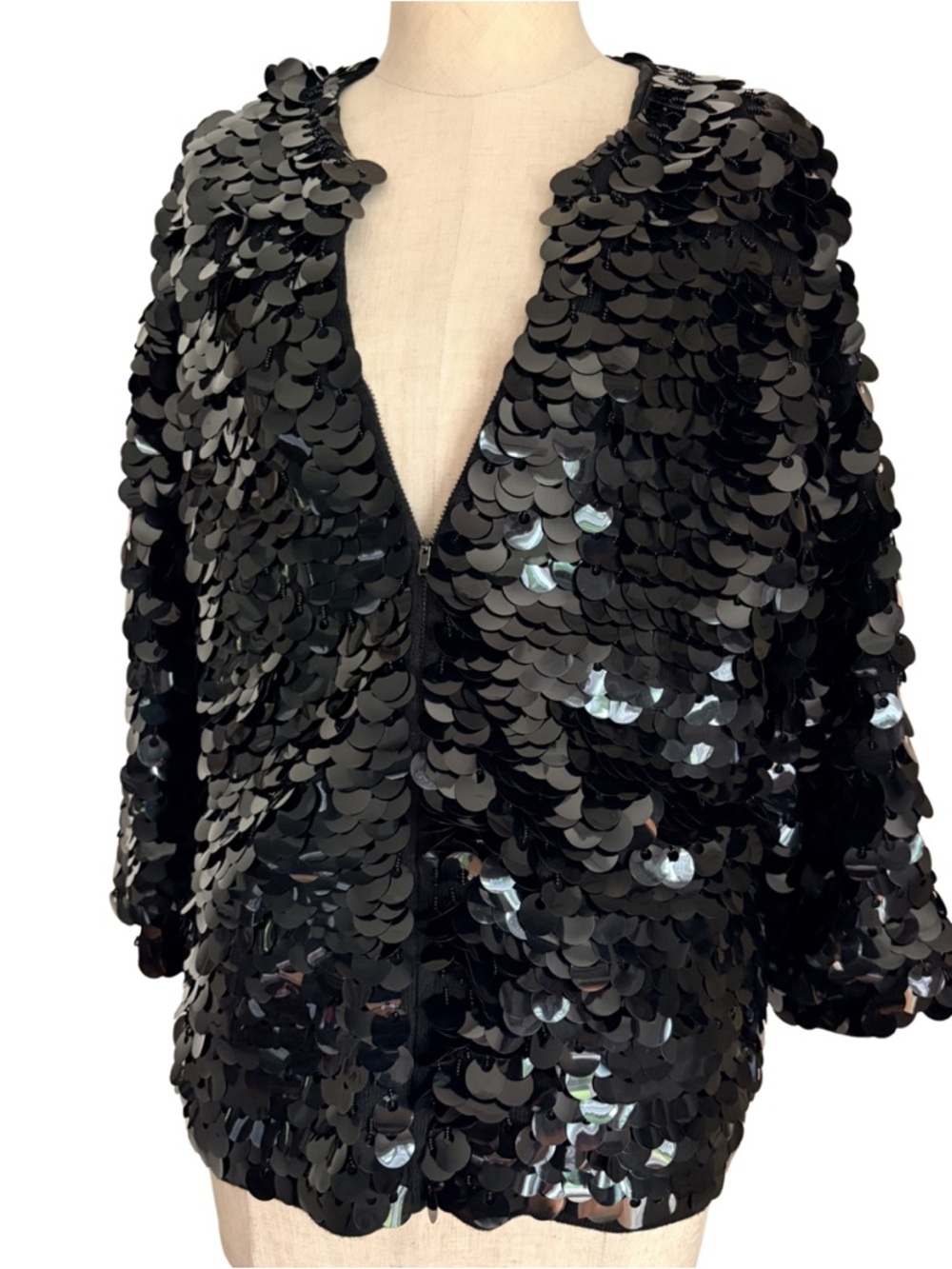vintage black 60s Sequin Paillette Jacket Wool Knit Zip Saks Fifth Avenue Beaded